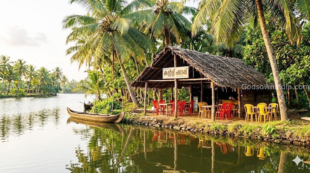 Scenic Kerala toddy shop located by the backwaters.