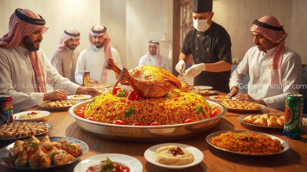 A close-up view of a traditional Arabian feast featuring a whole roasted lamb