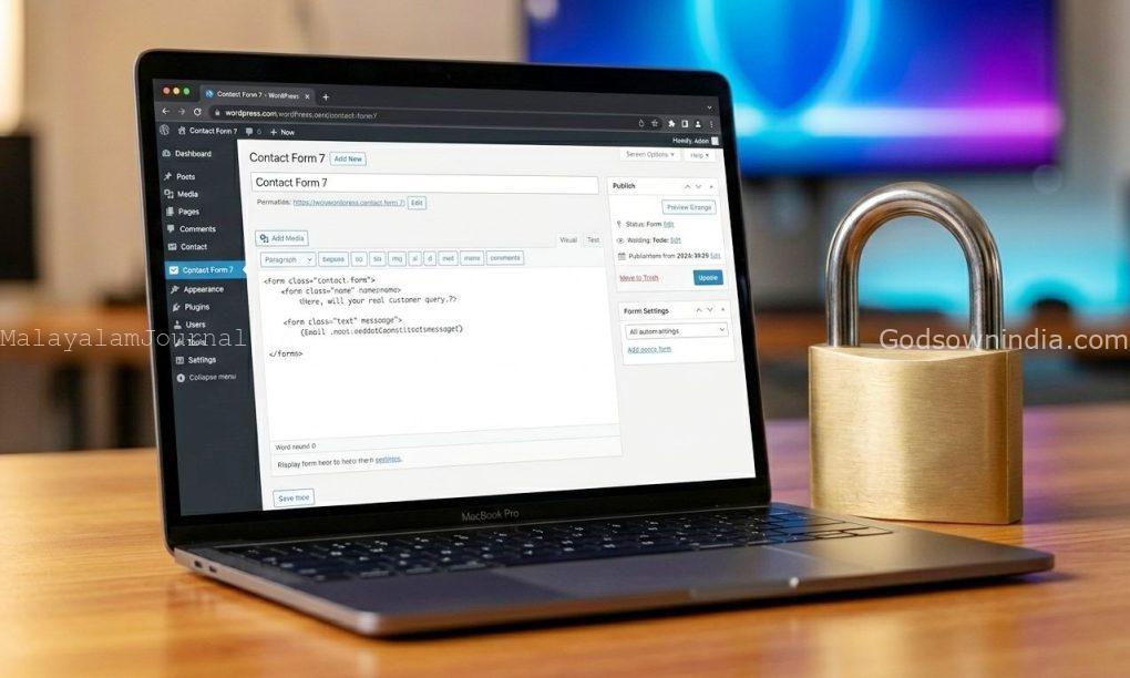 Close-up of a laptop displaying Contact Form 7 next to a secure padlock.