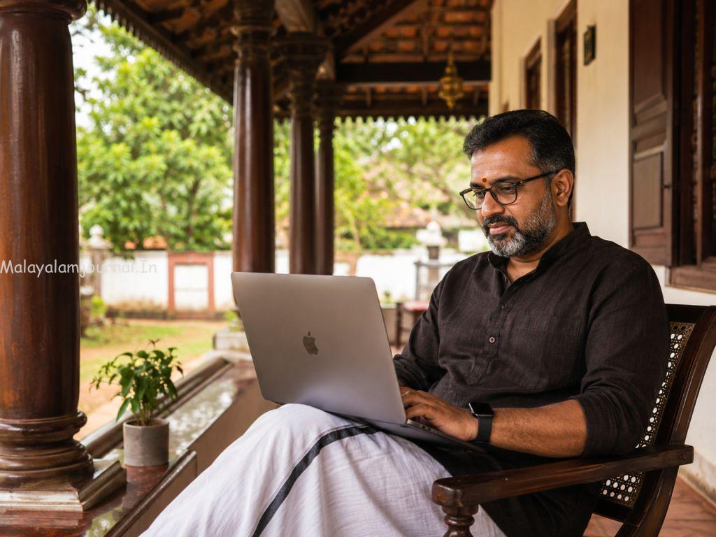 A high-quality photo of a middle-aged Hindu man from Aluva, Kerala, sitting in a veranda with traditional architecture