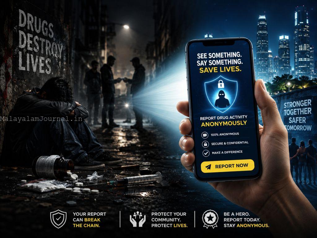A dark alley in Kerala with a glowing smartphone displaying a secure anonymous report app for anti-drug drive.