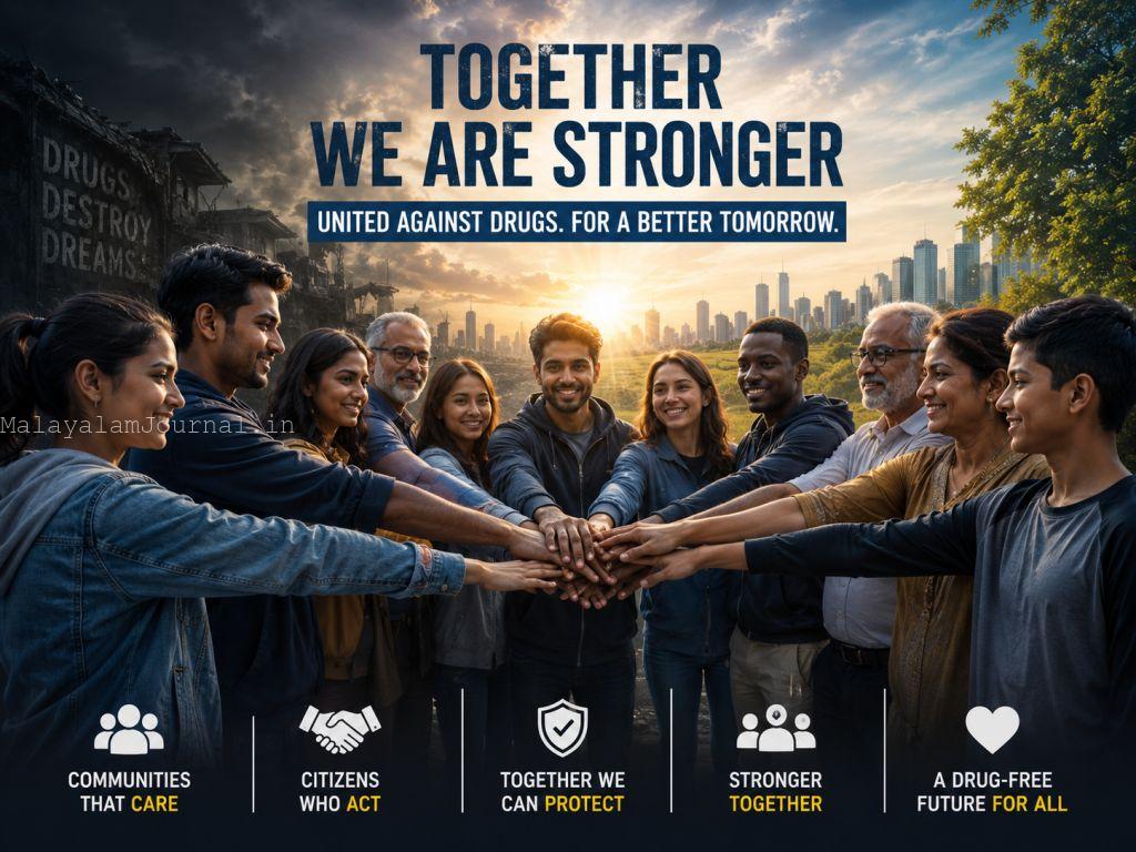 A diverse group of Kerala citizens standing in a circle with a blurred police officer in the background, symbolizing community trust