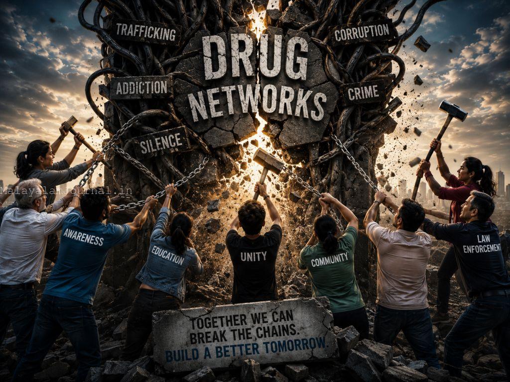 A strong iron chain being broken by a silhouette of a community holding hands, representing breaking the drug supply chain.