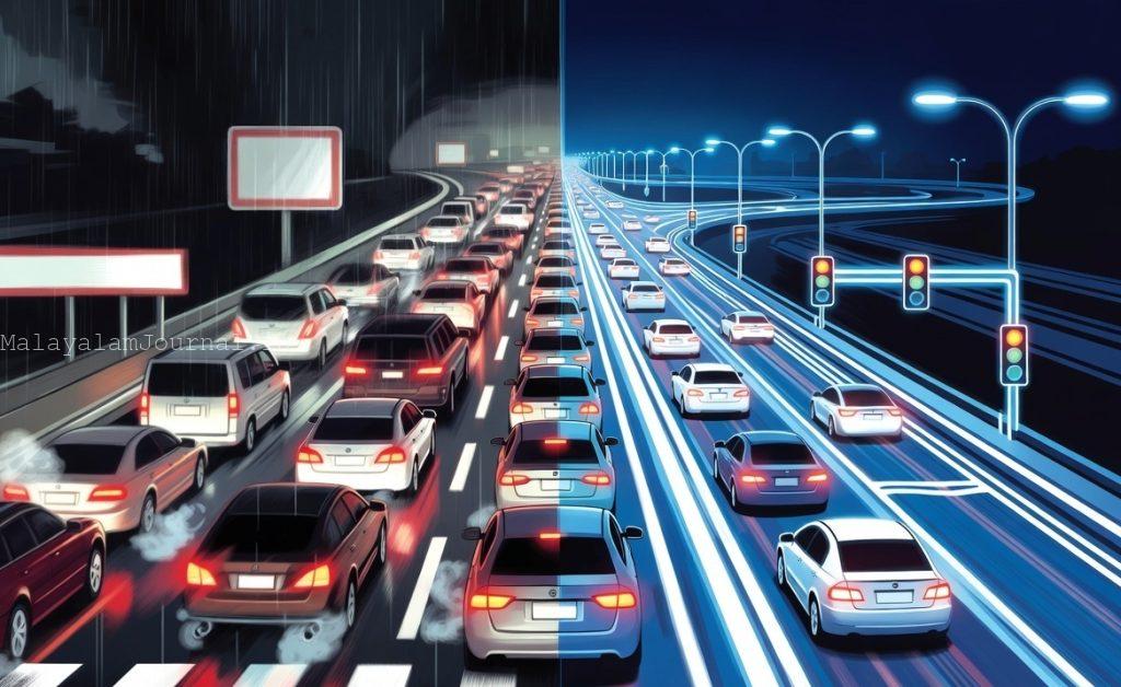 Conceptual illustration comparing poor road infrastructure with modern safe traffic management systems.