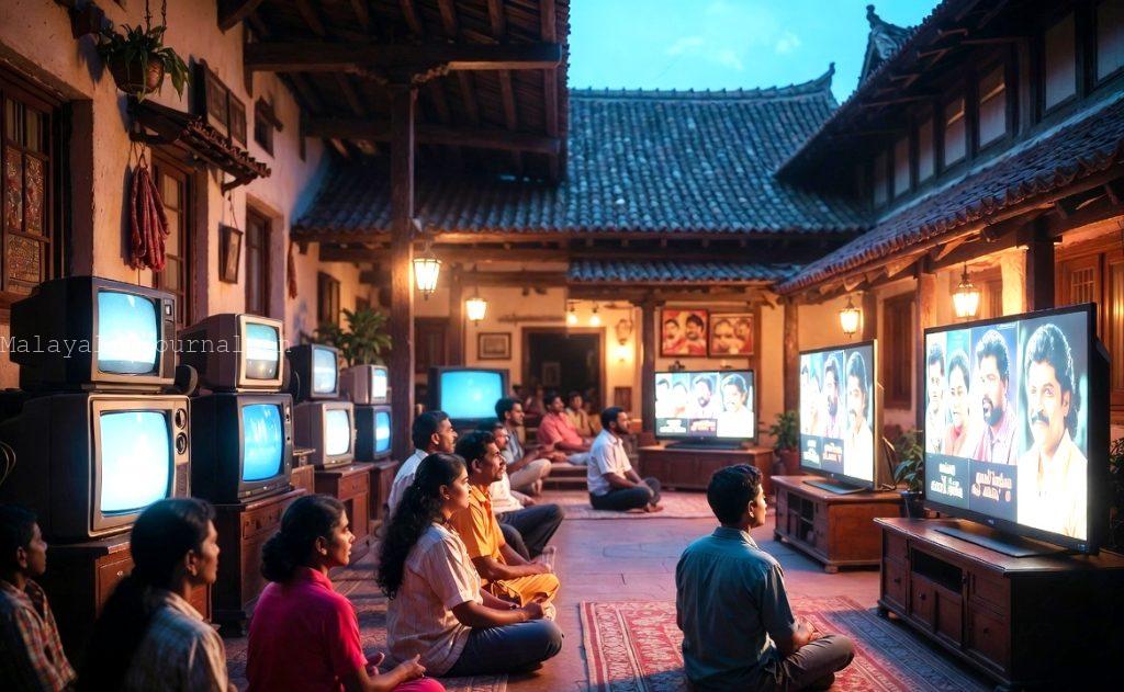 Historical timeline illustration of Keralite families watching home cinema entertainment over four decades.