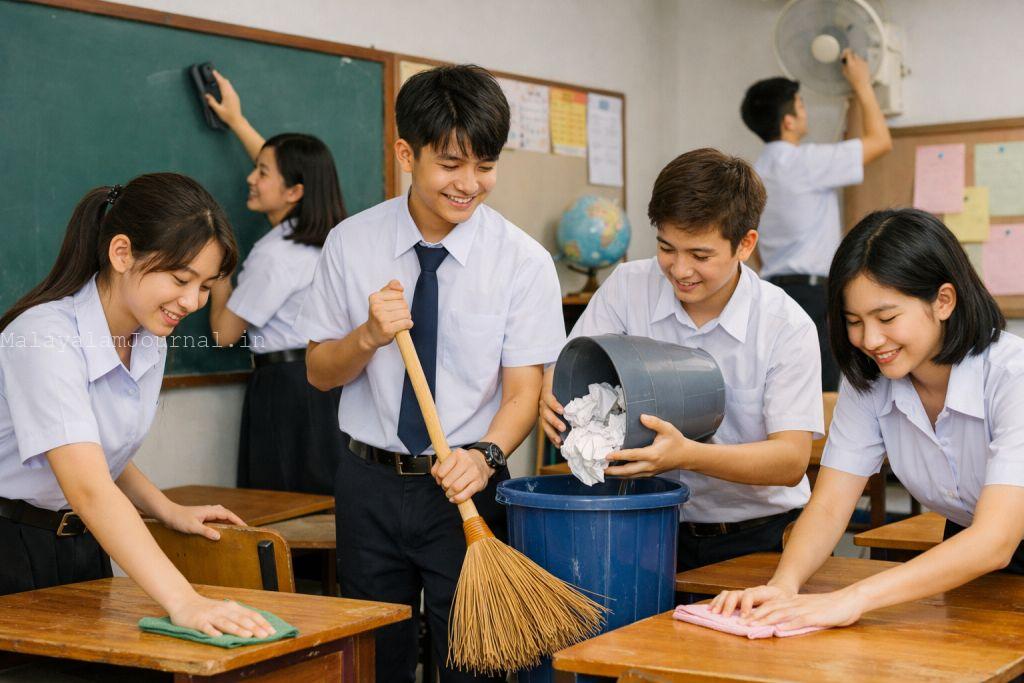 Japanese elementary school students smiling while actively cleaning their classroom desks and floor during Souji time