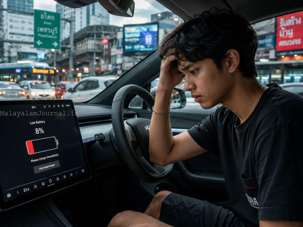 A young Asian male experiencing range anxiety inside an electric vehicle