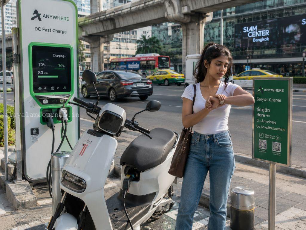 An Asian female student waiting for her electric vehicle to charge