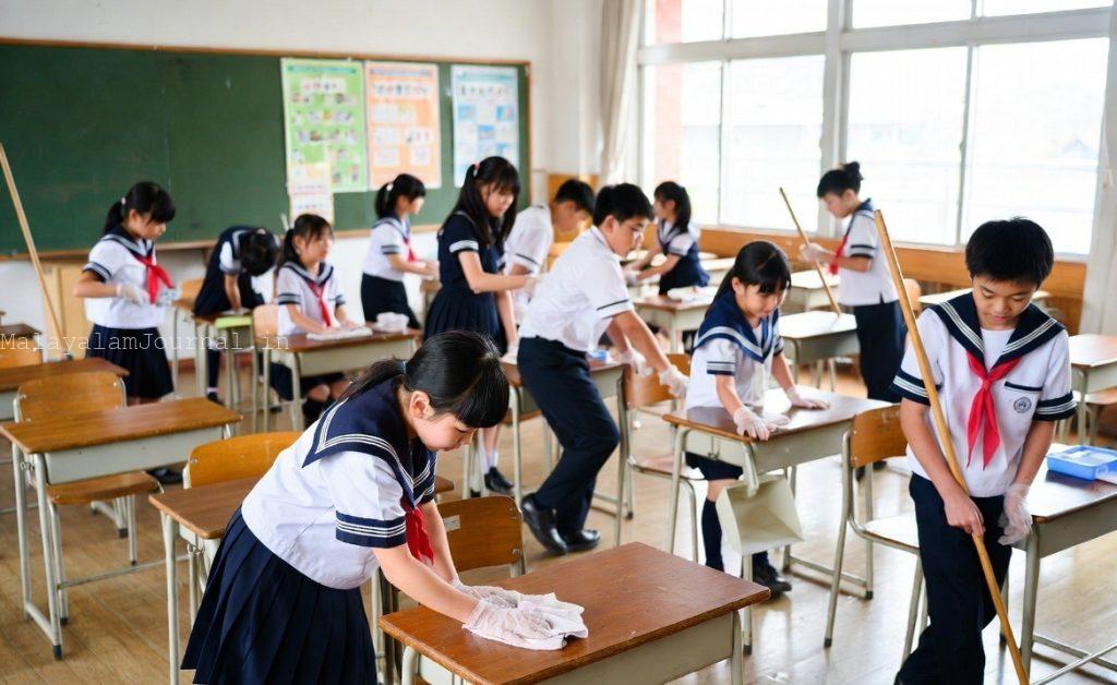 School children in Japan cleaning their classroom together.